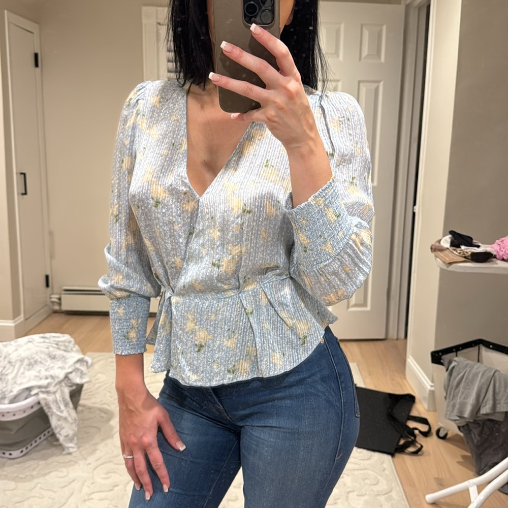 Zara (From Europe) Size XS blue floral blouse with glitter stripes